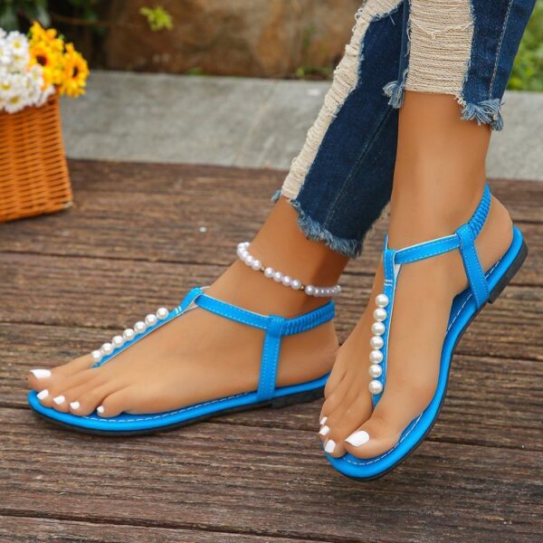 Pearl Thong Sandals Summer Fashion T-Strap Flat Sandals With Elastic Band Beach Shoes For Women - Image 3