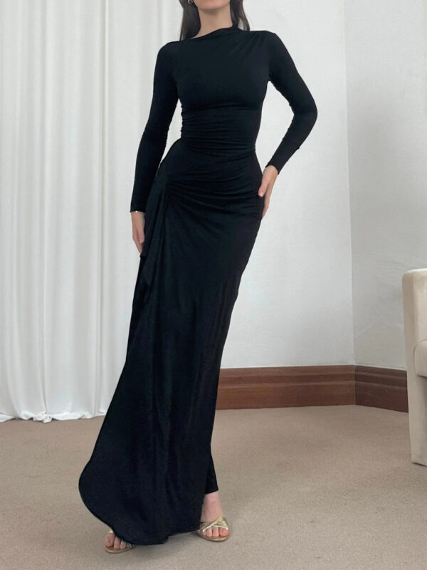 Slim-fitting Long-sleeved Asymmetric Split Dress Ins Fashion Solid Color Long Dresses For Women - Image 2