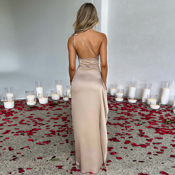 Sexy One-shoulder Backless Slit Dress Summer Elegant Slim-fit Solid Color Satin Dresses For Women - Image 3