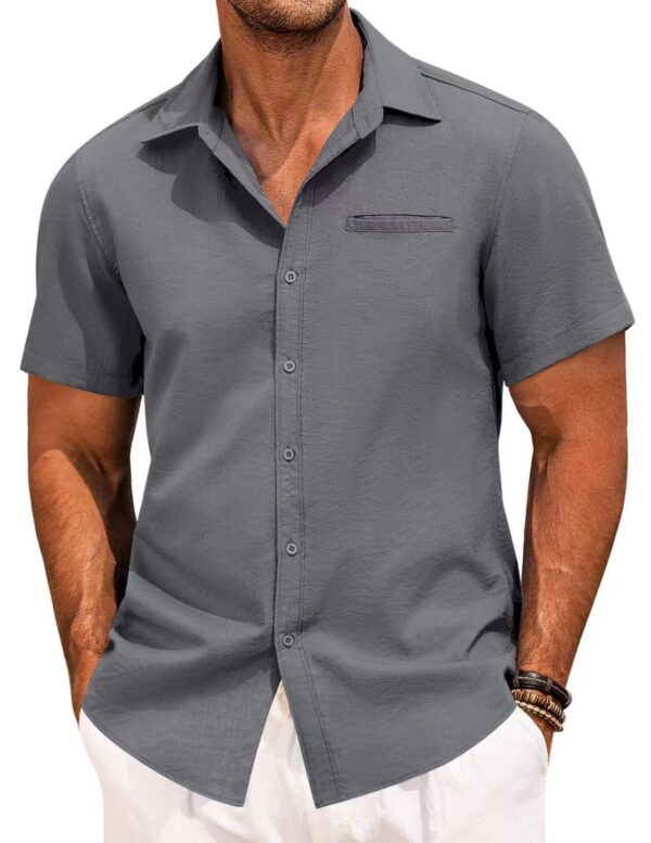 Polo Collar Solid Color Short Sleeve Button Shirt - Image 7