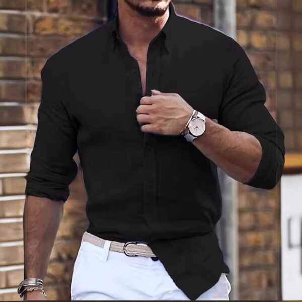 Cotton Linen Long Sleeve Shirt Solid Color Polo Collar Casual Style Shirt - Image 9