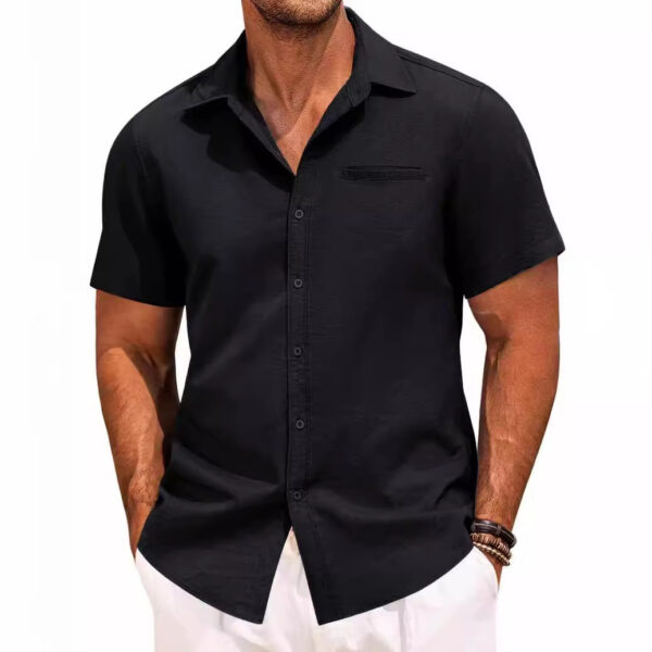 Polo Collar Solid Color Short Sleeve Button Shirt - Image 2