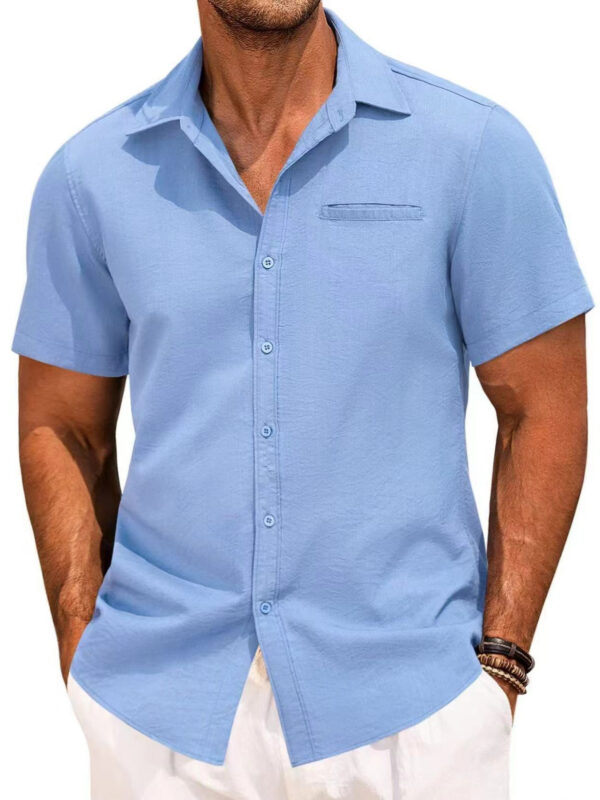 Polo Collar Solid Color Short Sleeve Button Shirt - Image 6