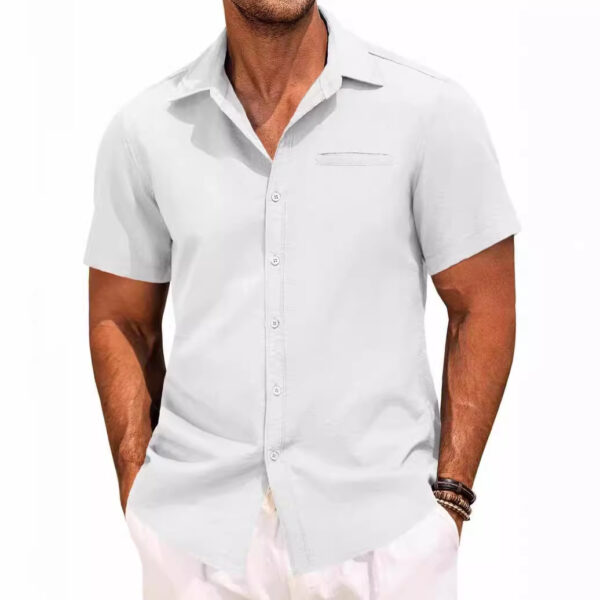 Polo Collar Solid Color Short Sleeve Button Shirt - Image 4