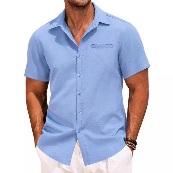 Polo Collar Solid Color Short Sleeve Button Shirt - Image 5