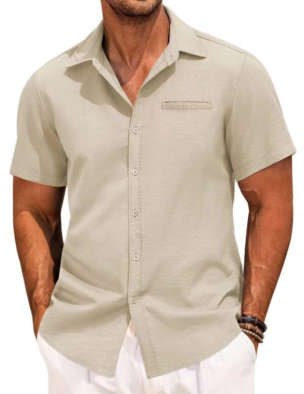 Polo Collar Solid Color Short Sleeve Button Shirt - Image 3